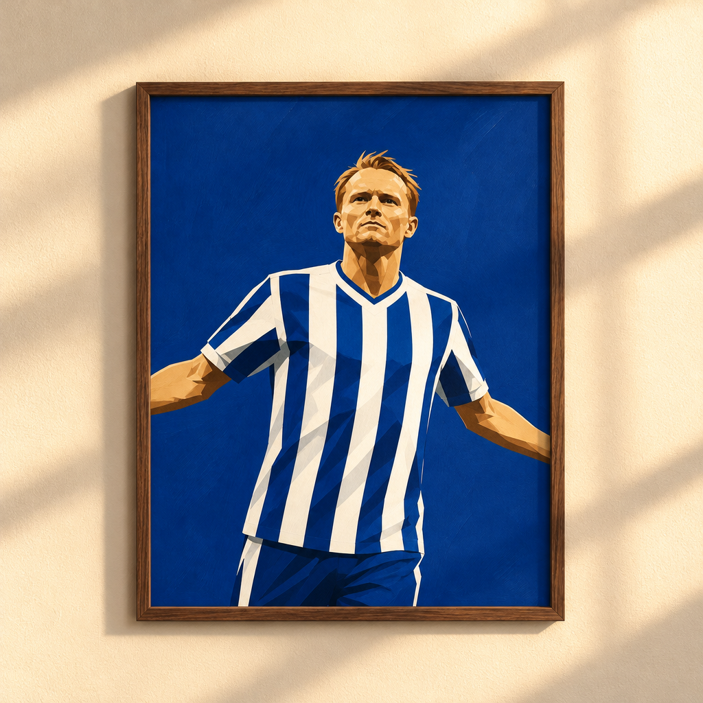 Sam Larsson-poster i mörk ram hängd på en vägg i solljus