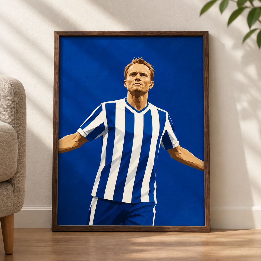 Sam Larsson-poster i mörk ram lutad mot en ljus vägg